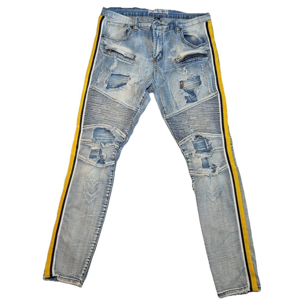 Jewel House Biker Jeans Men's 36x33 Light Wash Moto Distressed‎ Stripe Denim Y2K